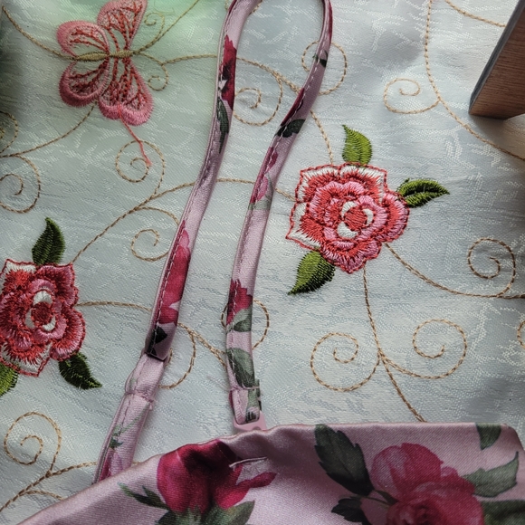 pink green floral print handkerchief tie back tank crop top small - Picture 3 of 10